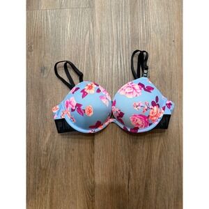 Pink by Victoria's Secret Push Up Bra Floral Blue Pink Black Straps 34B